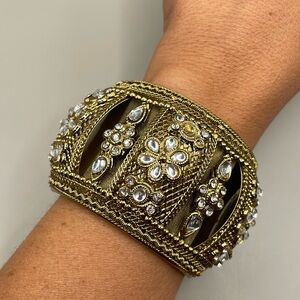 Vintage Gold Tone Floral Rhinestone Indian Wedding Large Bangle Cuff Bracelet